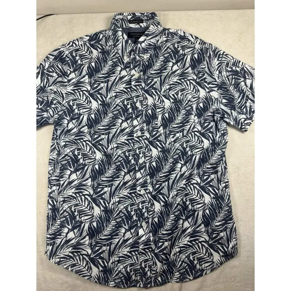 Banana Republic Men’s M Organic Cotton Tropical Leaf Shirt Blue White Standard
